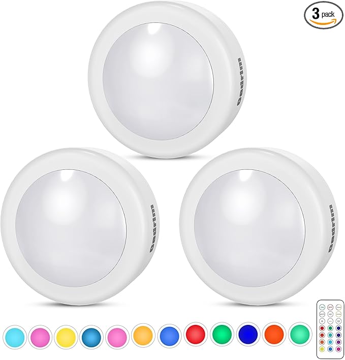Cadrim Puck Lights, 13 Colors Changeable LED Puck Lightings, Battery Powered Dimmable Under Cabinet Lights, Battery Operated Lights with 1 Remote Controls for Kitchen(3 Pack)