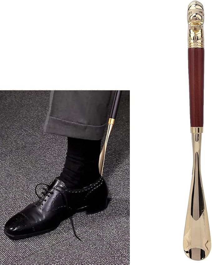 Shoe Horn Long Handled Metal Lion Head Shoe Horn Wooden Long Handle Shoe Lifter Shoe Spoon Tool for Men Ladies(Brown, 58cm)