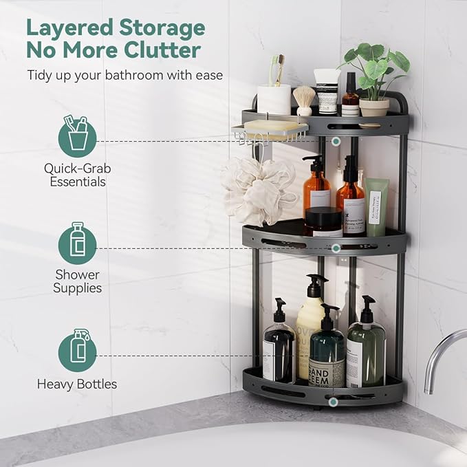 Corner Shower Caddy Standing, 3 Tier Shower Organizer Stand with Soap Holder, Rustproof Shower Shelves for Bathroom Storage, Grey