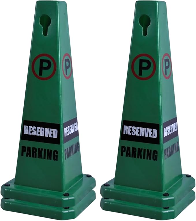 26.5" Caution Cones, 4-Sided Visible Safety Signs with Heavy Rubber Base, Warning for Slip & Fall Prevention, Indoor/Outdoor Use (4, Reserved Parking-Green, 26.5 inch)