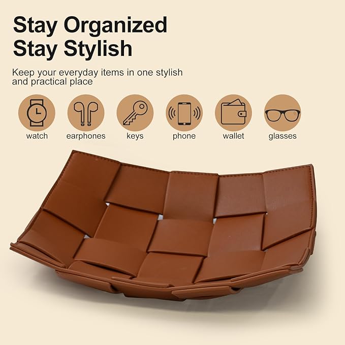 Valet Tray PU Leather Key Holder Bowl for Men and Women Entryway Table Nightstand Catchall Storage Organizer EDC Dump Tray for Wallet, Keys, Coins Men's Gift - Brown, 9.8" L x 9.8" W x 2" H