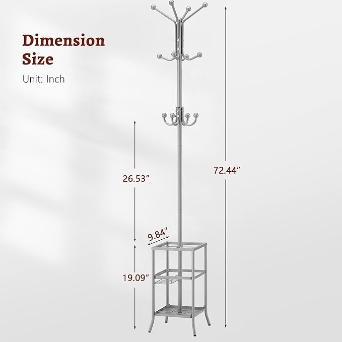 FAVOOSTY Coat Rack Freestanding,Coat Rack Stand with Umbrella Holder,Metal Coat Tree with 12 Hooks,Tree Clothes Hat for Entryway, Hallway, Bedroom, Living Room & Office - Silver Grey