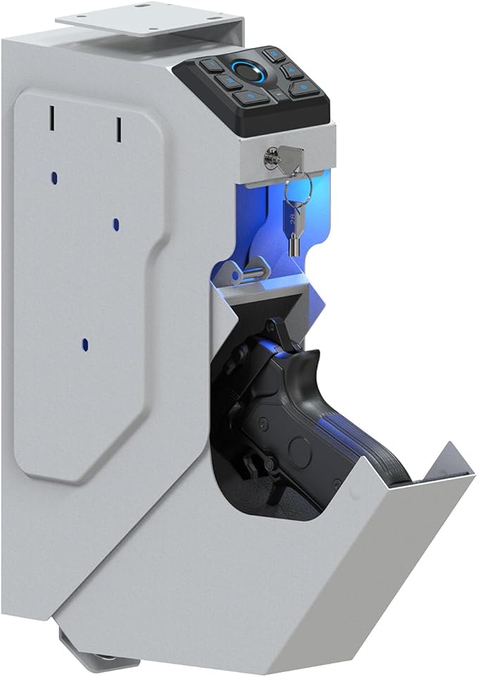 VERPROOF Biometric Gun Safe for Handgun Drop Down Pistol Safe, Smart Pistol Safe with Fingerprint, PIN Code, Key Access for Nightstand, Desk, Bedside, Low-Vis Mode, Type-C Power (White)