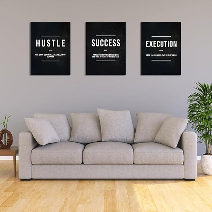 Unbruvo Hustle Success Execution Wall Art for Office, Inspirational Motivational Wall Decor, 3 Pieces Positive Quotes Canvas Wall Art for Entrepreneur Living Room Bedroom(60''Wx 28''H)