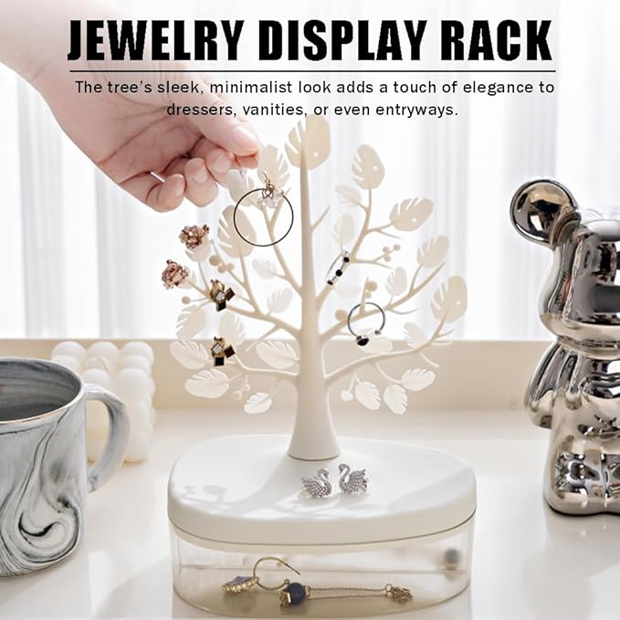 Jewelry Display Tree Necklace Earring Organizer Holder,Tree Tower Rack with Storage Box Drawer,Double Shelf Hanging Organizer for Ring Earrings Necklace Bracelet Key