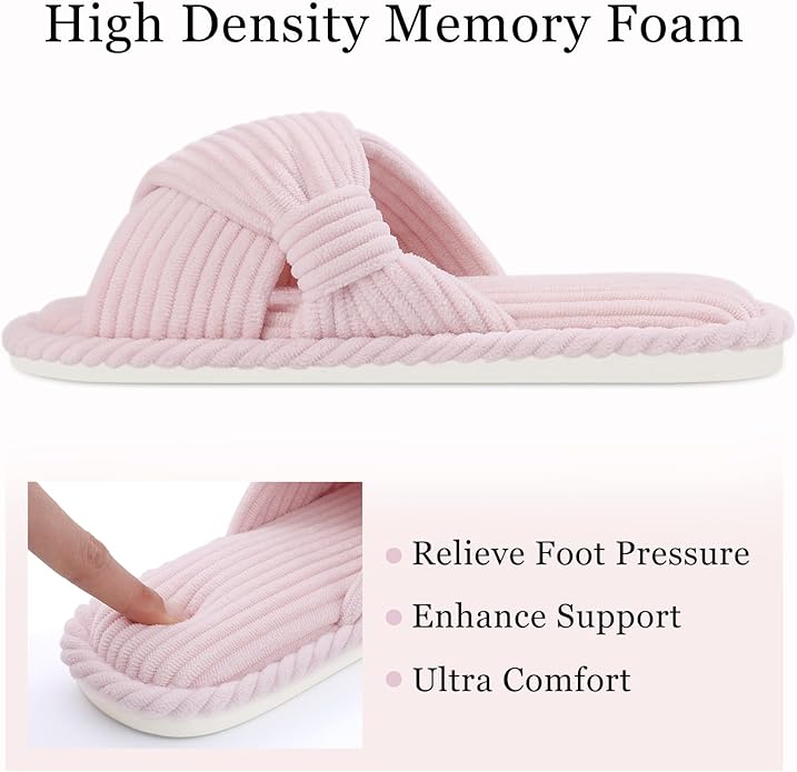 Evshine Fall House Slippers for Women Corduroy Cross Bow Indoor Slippers Open Toe Slip On Bedroom Shoes with Memory Foam