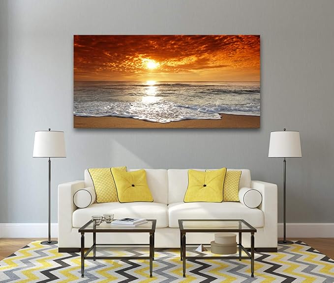 Muolunna S04675 Canvas Prints Wall Art Sunset Ocean Beach Pictures Paintings for Living Room Bedroom Home Decorations Framed Ready to Hang Seascape Waves Artwork 30x60inch