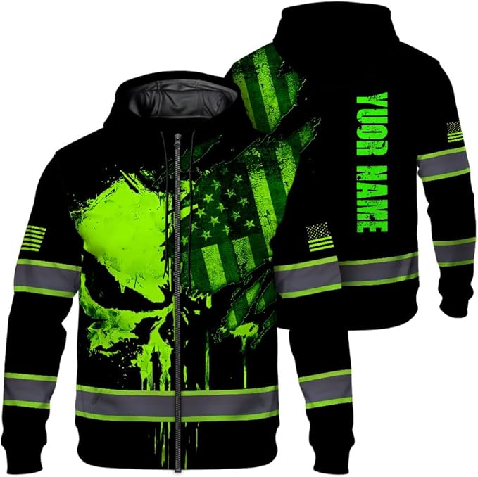 Maddly Hi Vis Reflective Zip Up Hoodie, High Visibility Safety Jacket with Skull Design for runner, worker, trucker, cyclist