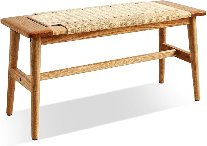 32" L 100% FAS Oak Wooden Bench Indoor - Solid Wood Rope Woven Entryway Bench, Dining Bench, Boho Furniture for Entryway, Dining Room, Bedroom, Kitchen (Natural)