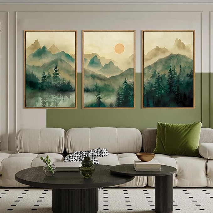 IARTTOP Large Forest Green Wall Art Framed 24x36 Inch Foggy Mountain Landscape Canvas Art Prints Nature Landscape Wall Decor for Living Room Bedroom Office Set of 3