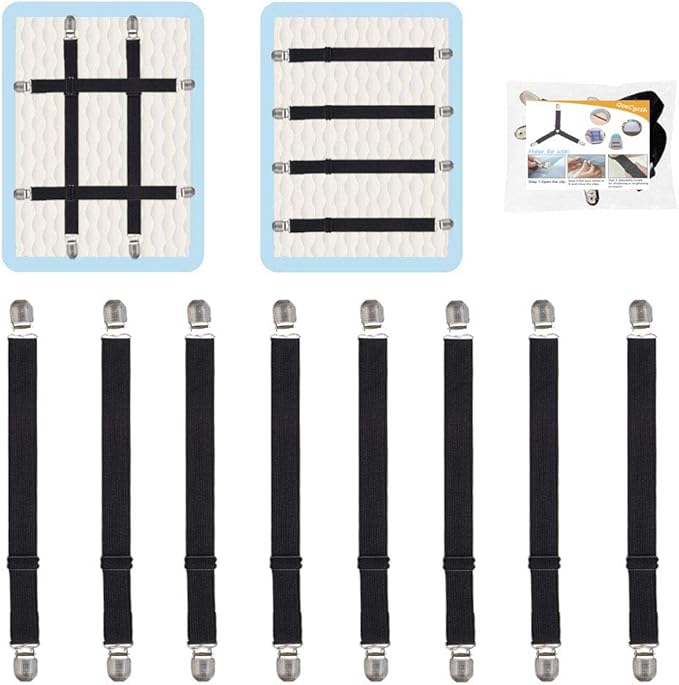 Adjustable Bed Sheet Straps Clips, Elastic Mattress Sheet Fasteners Holder and Suspenders, Grippers to Hold Sheet, Mattress, Sofa, Couch, Table Cloth, Ironing Board Cover, 8Pcs, Black