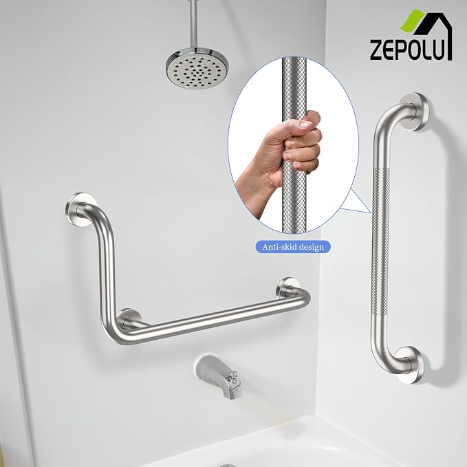 Brushed Nickel L-Shaped Grab Bar 12x24 Inch + Knurled Shower Grab Rail 20 Inch, Zepolu Stainless Steel Toilet Safety Bar 90 Degree, Angled Balance Support Assist Bar, Bathroom Mobility Aid Handrail