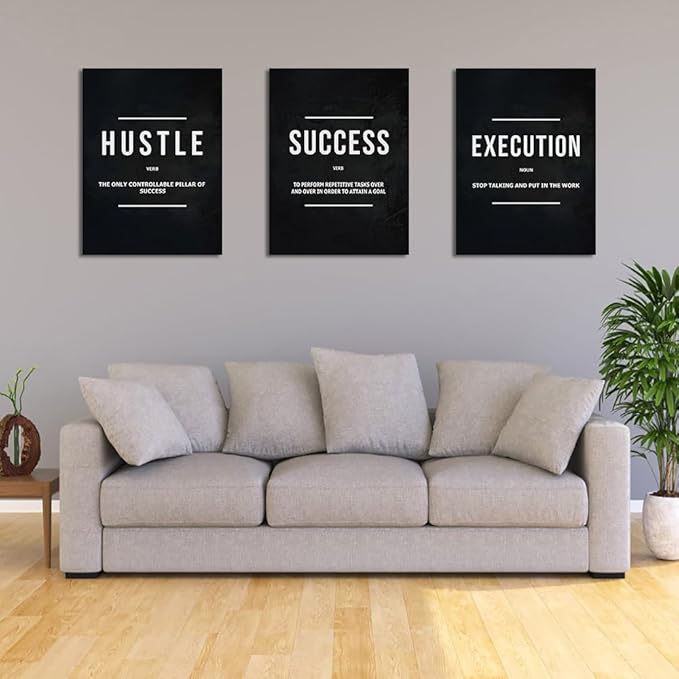 Unbruvo Hustle Success Execution Wall Art for Office, Inspirational Motivational Wall Decor, 3 Pieces Positive Quotes Canvas Wall Art for Entrepreneur Living Room Bedroom(72''Wx 36''H)
