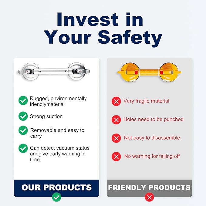 𝗨𝗽𝗴𝗿𝗮𝗱𝗲𝗱 Suction Cup Grab Bars for Bathtubs and Bathroom, Tool Free Shower Handle, Grab Handle for Elderly Suction with Indicators, Shower Grab Bar for Seniors, Heavy Duty,Sliver