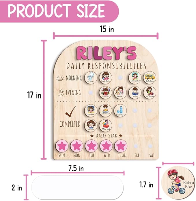 Personalized Wooden Chore Chart for Kids 15x17", Visual Schedule, Routine Chart for Kids, Morning Bedtime Routine Chart for Toddlers Ages 2-4, Daily Kids Schedule Board for Home (11)