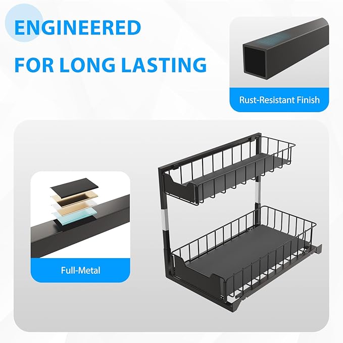 2 Pack Under Sink Organizer, Under Sink Organizers and Storage, Smooth & Silent Sliding Out Metal Drawer for Kitchen Bathroom Pantry Cabinet Closet Black（L-2PC）