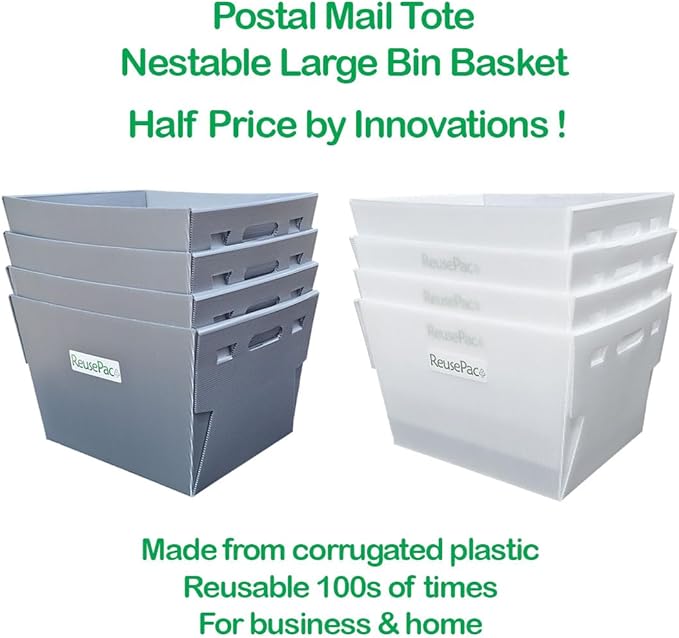 Postal Mail Tote Nestable Box, Storage Bin, Container, Basket, Organizer for Home and Business, Corrugated Plastic, Lightweight, Heavy Duty, Foldable,10 Gal (Sky Blue 4 Pack)