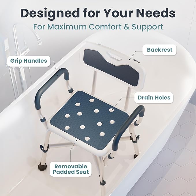 PELEGON Shower Chair for Elderly and Disabled (450lb) with Padded Armrests and Back, Adjustable Height Shower Seat, Heavy Duty Shower Chairs for Inside Shower, Handicap - Blue