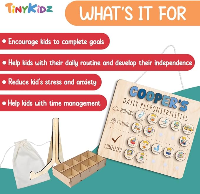 Wooden Chore Chart for Kids Visual Schedule, Routine Chart for Kids, Morning Bedtime Routine Chart for Toddlers Ages 2-4, Daily Kids Schedule Board for Home (16)