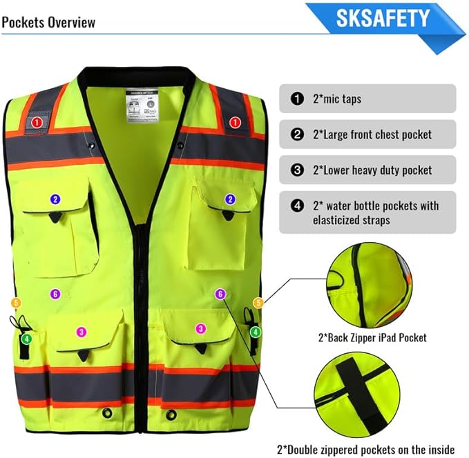 SKSAFETY 12 Pockets Professional level Safety Vest, Class 2 High Visibility Vest, ANSI/ISEA