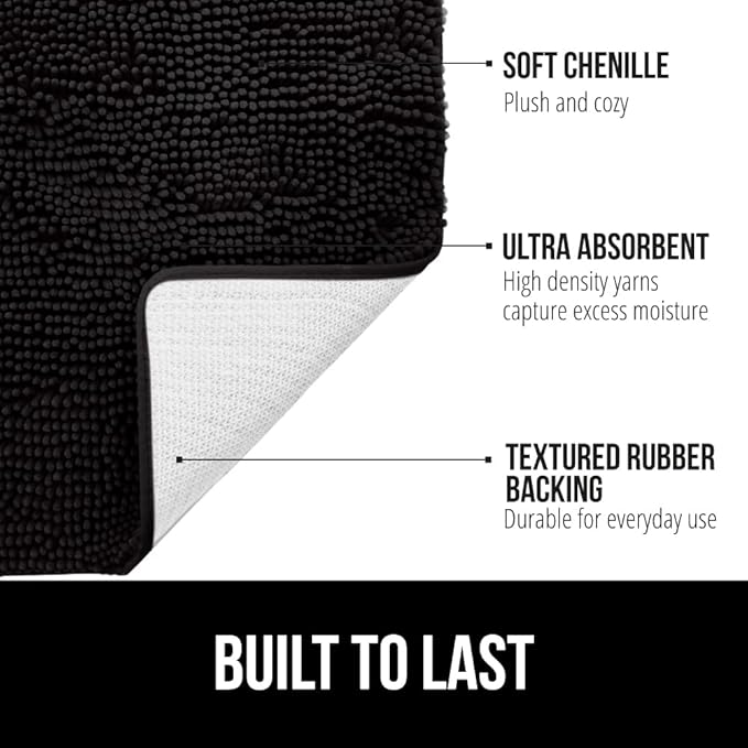 GORILLA GRIP Plush Absorbent Shaggy Chenille Bath Rug Mat for Oval Toilet Base with Rubber Backing, Machine Washable Rugs, Soft Microfiber Contour Mats for Toilets, Bathroom Decor, Black