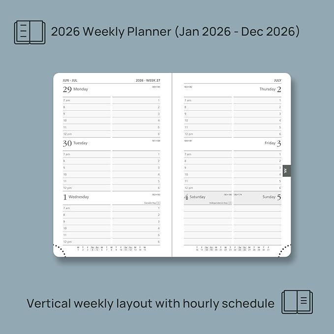 POPRUN 2026 Planner (Pocket Size 4''x 6.25'' Hardcover) - Small Calendar for Purse with Hourly Schedule & Vertical Weekly Layout, Monthly Calendars, 100 GSM - Light Pink