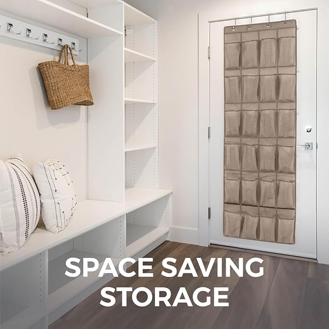 HOME GENIE Over the Door Hanging Shoe Organizer, 24 Breathable Mesh Pockets, Closet Rack Storage Holder, Stay in Place Hooks Hang on Closets, Hanger Holds Up to 40 lbs for Shoes, Accessories, Beige
