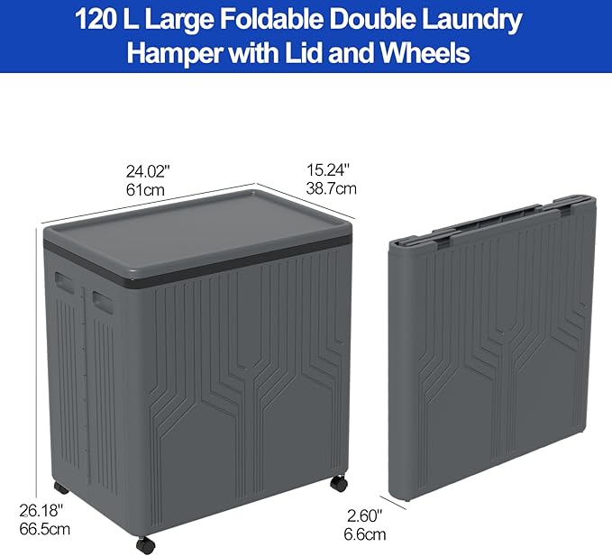 120 L Large Double Laundry Hamper with Lid and Wheels, 2 Section Plastic Laundry Basket with Wheels, Foldable Rolling Clothes Basket for Bathroom Bedroom, Gray