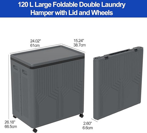 120 L Large Double Laundry Hamper with Lid and Wheels, 2 Section Plastic Laundry Basket with Wheels, Foldable Rolling Clothes Basket for Bathroom Bedroom, Gray
