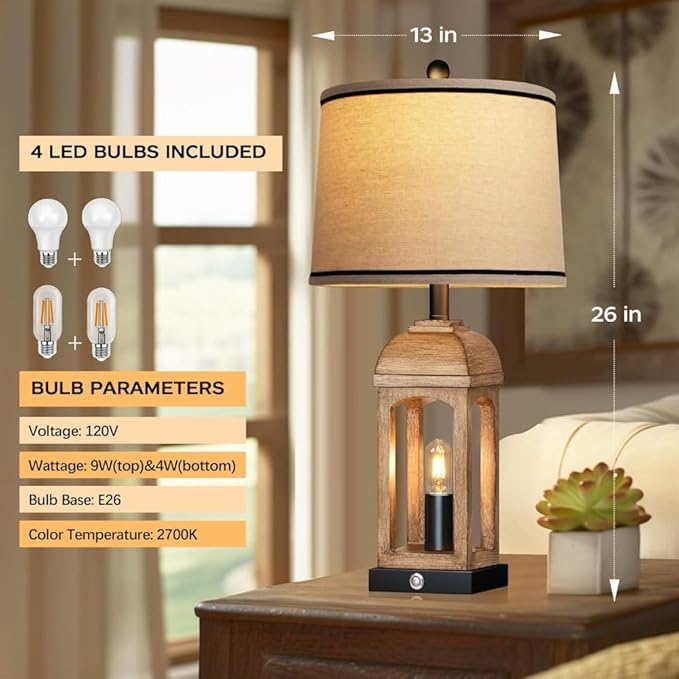 26" Rustic Set of 2 Bedside Lamps, Nightstand Lamp with 3-Way Dimmable Touch Control, Farmhouse Lamps with USB A+C and Nightlight for Living Room Bedroom