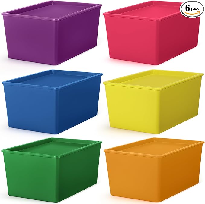 Menkxi 6 Pcs Large Plastic Storage Bins with Lids 14.4 x 10.4 x 5.1 Inch Stackable Storage Containers Decorative Cubby Organizer for Clothes Shelves Garage Closet Office (Colorful)