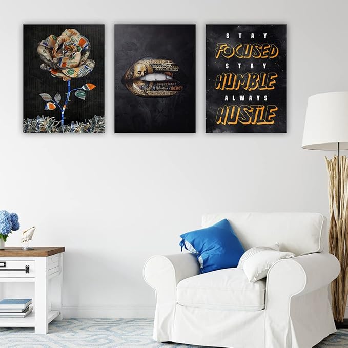 Motivational Canvas Painting Wall Art Flower Landscape Hustle Grind Inspirational Wall Art 3 Pieces Canvas Prints Framed Entrepreneur Poster Positive Quotes Wall Poster for Home Office Wall Decor