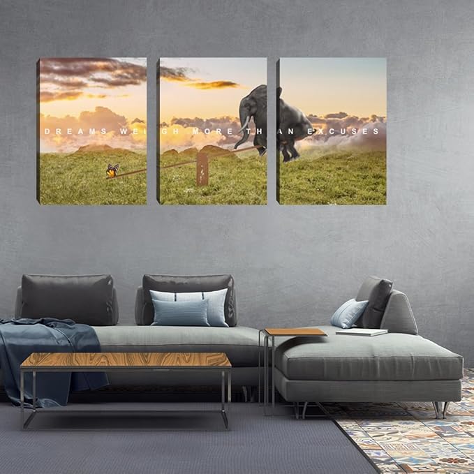 Motivational Canvas Wall Art Inspirational Quotes Poster Modern 3 Pieces Entrepreneur Office Wall Decoration Elephant Painting Decor for Bedroom Stretched and Framed Ready to Hang(72''Wx36''H)