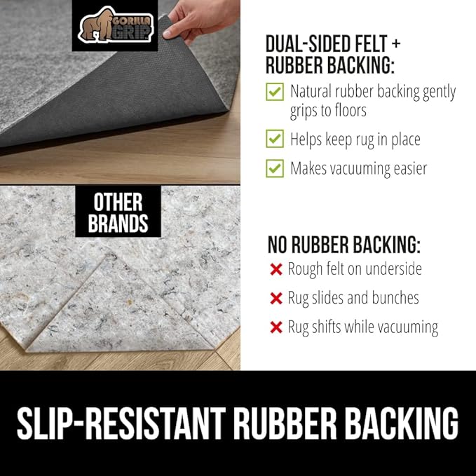 GORILLA GRIP Felt and Natural Rubber Stay in Place Slip Resistant Rug Pad, 1/8in Thick, 2x4 FT Protective Padding Under Area Rugs, Cushioned Gripper Pads, Carpet Runners, Hardwood Floors Protection