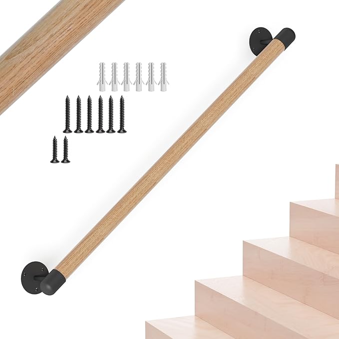 2FT Round Wooden Stair Handrail,Indoor Staircase Handrail,Wall Mount Support Stair Railings, Non-Slip Safety Corridor,Lofts,Patio,Guardrail,Home Wood Hand Railings for Elderly,Children,Disable People