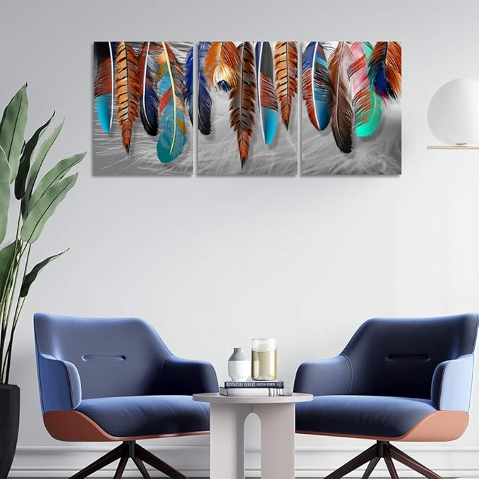 Yetaryy 3 Panels Canvas Wall Art Modern Wall Decor Landscape Color Feather Cool Painting Picture Print Poster Artwork Wall Decoration Home Decor for Living Room Dining Room Bedroom - 72" Wx36 H