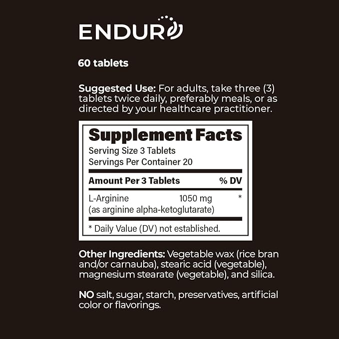 Endur L-Arginine Supplement, Helps Support Healthy Blood Flow & Heart Function, Exercise Performance & Immune Health, Gluten Free, 350mg (60 Tablets)