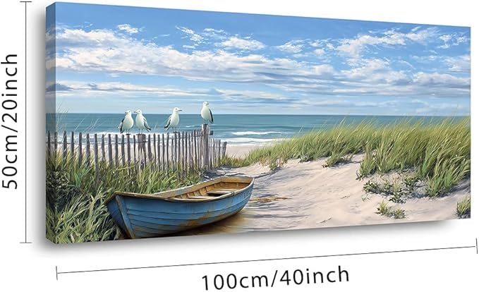 Coastal Blue Seascape Beach Sail Boat Wall Art for Living Room Office Scenic Landscape Art Deco Green Painting Prints Nature Summer Canvas Artwork Over The Couch Bedroom Decor