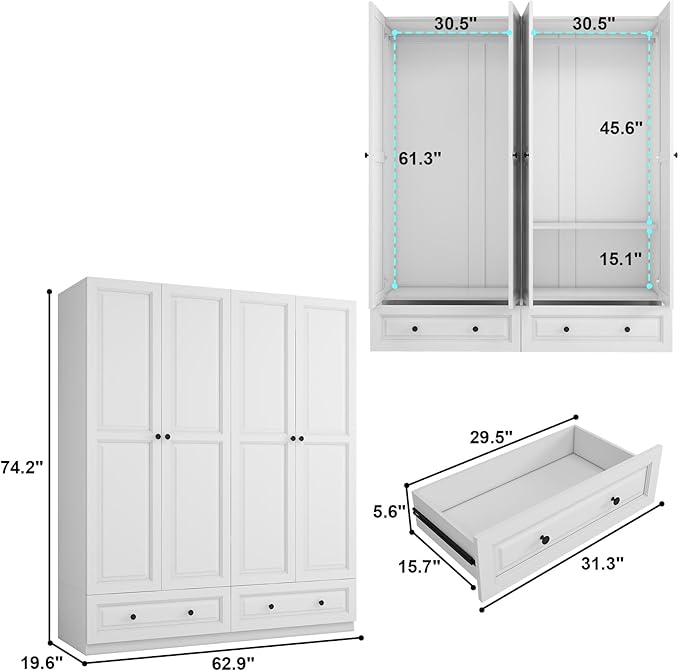 Armoire Wardrobe Closet with Drawers: 74" White Tall Wooden Wardrobe Closet for Hanging Clothes, Large Bedroom Armoires with 2 Drawers, 4 Door Armoire Storage Cabinet (White, 63")