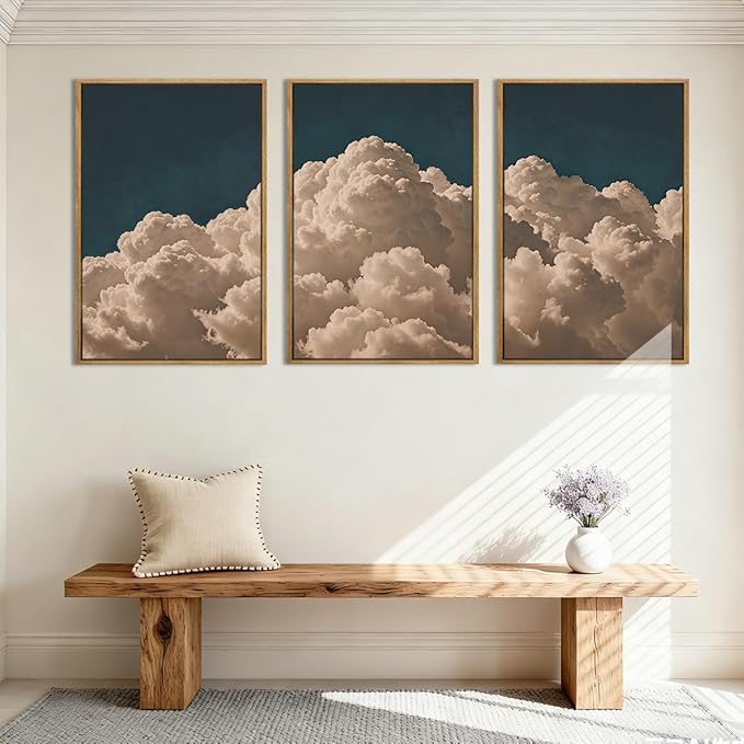 IARTTOP Large Cloud Canvas Wall Art Framed 16x24 Inch Navy Blue Cloud Painting Set of 3 Modern Abstract Sky Landscape Wall Decor For Living Room Bedroom Office