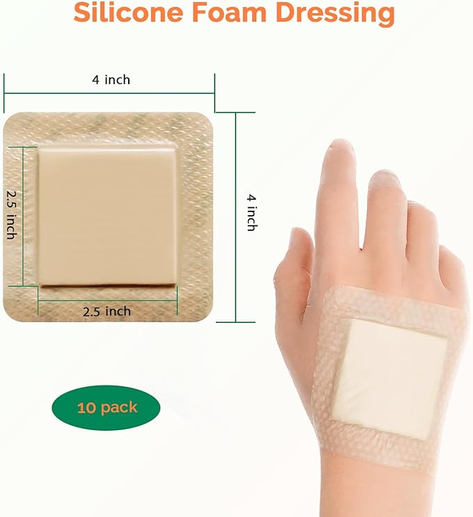 Silicone Foam Dressing 4x4 Inch with Border 10 Packs Adhesive Waterproof Wound Dressing Large Bandages for Wound Care High Absorbency Foam Pad Bandaids