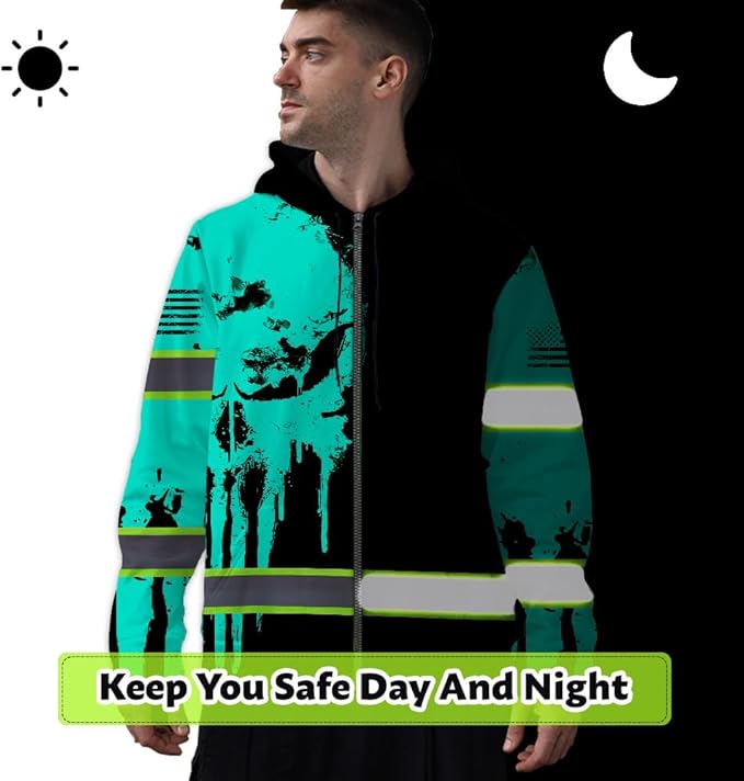 Maddly Hi Vis Reflective Zip Up Hoodie, High Visibility Safety Jacket with Skull Design for runner, worker, trucker, cyclist