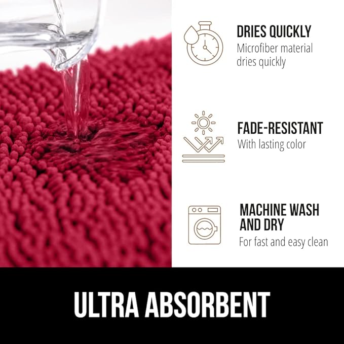 GORILLA GRIP Bath Rug Mat 60x24, Thick Soft Absorbent Chenille, Quick Dry Microfiber Mats, Rubber Backing Washable Shower Floor Rugs, Bathmat Runner, US Designed Bathroom Home Decor Accessories Red