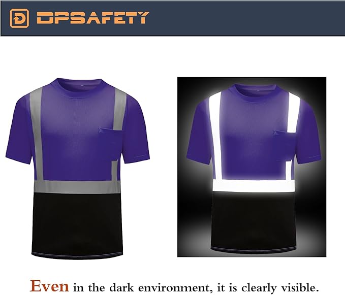 High Visibility Shirts Quick Dry Safety T Shirts with Reflective Strips and Pocket Short Sleeve Mesh Hi Vis Construction Work Class 2 Shirt for Men/Women Black Bottom Purple,5XL