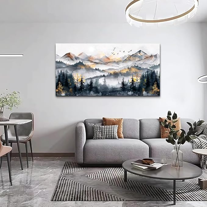 KELIYUAN Abstract Wall Decor For Bedroom Canvas Wall Art For Living Room Office Decoration Ink Mountain Landscapes Painting Misty Forest Wall Artwork Ready To Hang Room Home Decor 20"x40"