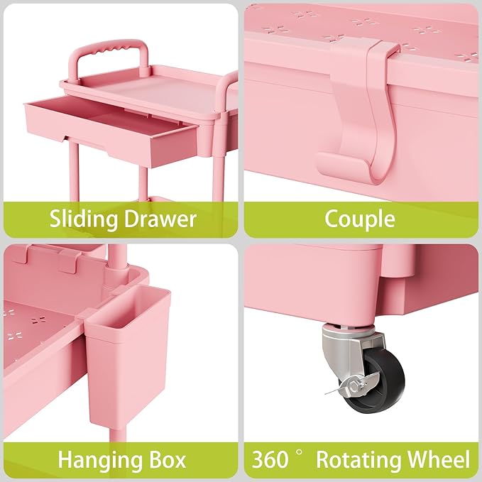 4 Tier Rolling Cart Organizer,Art Craft Diaper Bedside Snack Laundry Room Bathroom Organizer Narrow Thin Slim Rolling Trolley Utility Cart with Wheels for Kitchen,Office(Pink)