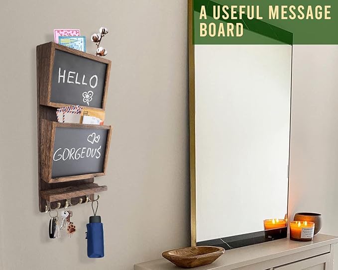 Comfify Rustic 2-Slot Mail Sorter Organizer for Wall with Chalkboard Surface & 3 Double Key Hooks - Wooden Wall Mount Mail Holder Organizer – Entryway Made of Paulownia Wood - Torched Brown