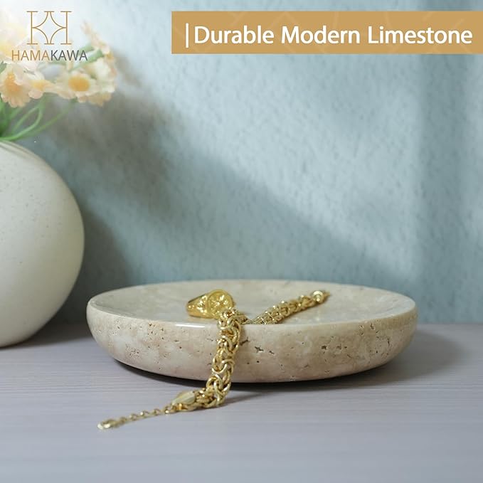 Natural Marble Round Jewelry Tray 5.5 inch, Beige Travertine Accent Dish for Rings, Keys, Earrings and Soap, Ideal Gift for Women