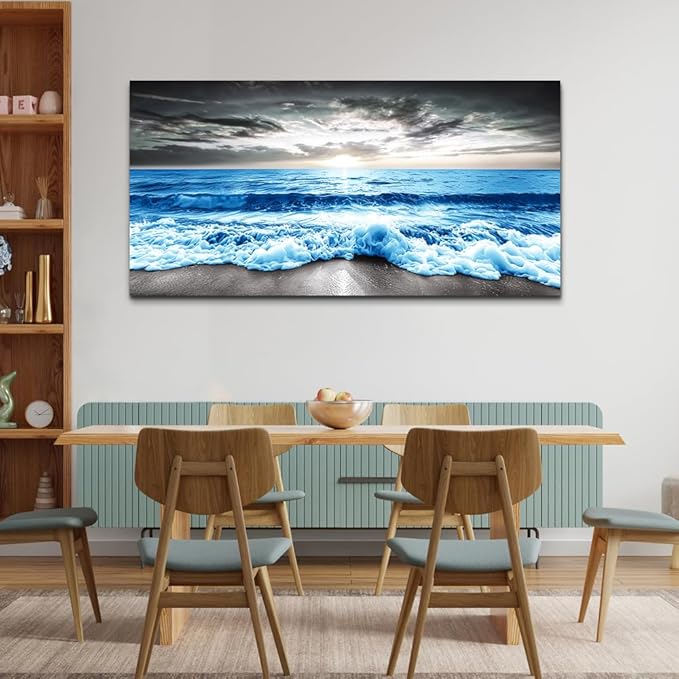 MHARTK66 Large Wall Decor For Office Framed Wall Art For Living Room Modern Bedroom Wall Decor Blue Beach Sun Ocean Landscape Canvas Prints Wall Paintings Seascape Pictures Artwork Home Decor 60x30