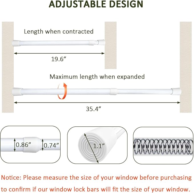 Sliding Door Security Bar,Window Security Bars Adjustable Sliding Door Lock Bars with Rubber Tips, Diameter 1.2" Window Safety Lock Bar Stopper (19.6''-35.4'', 3, Count)